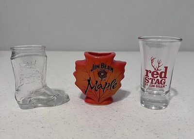 Jim Beam Shot Glass Bourbon Whiskey Lot of 3 Red Stag Maple Cowboy Boot