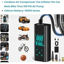 Cordless Air Compressor Tire Inflator Fits Car Moto Bike Tires 150 PSI Air Pump