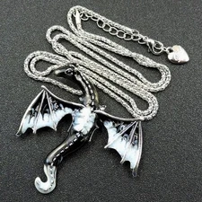 Betsey Johnson Necklace Black & White Enamel Dragon Pendant Silver Tone