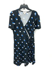 Como Vintage Dress Womens Medium Black Dot Print Mock Wrap Short Sleeve