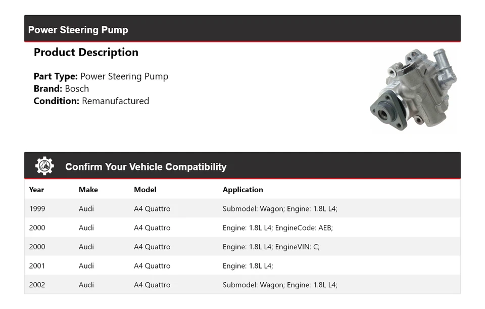 Bomba de dirección asistida Bosch 2000 2001 para Audi A4 Quattro 1999-2002 1,8 L L4 Foto 2 de 4