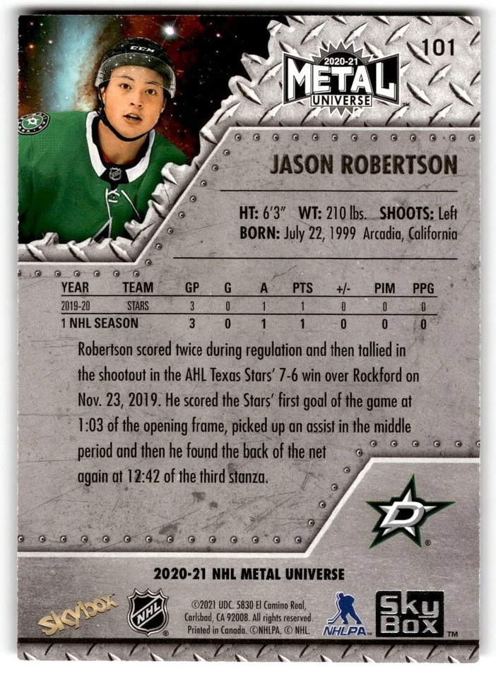 2020-21 Skybox Metal Universe Jason Robertson Rookie #101 Dallas Stars - Image 2 of 2