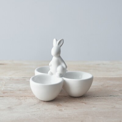 Keramik Hase drei Eierbecher - neues Zuhause Ostergeschenk