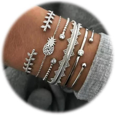 Silver Bangle Bracelet for Women 14K Plated Multi Layer Cuff Bracelets Set Trend