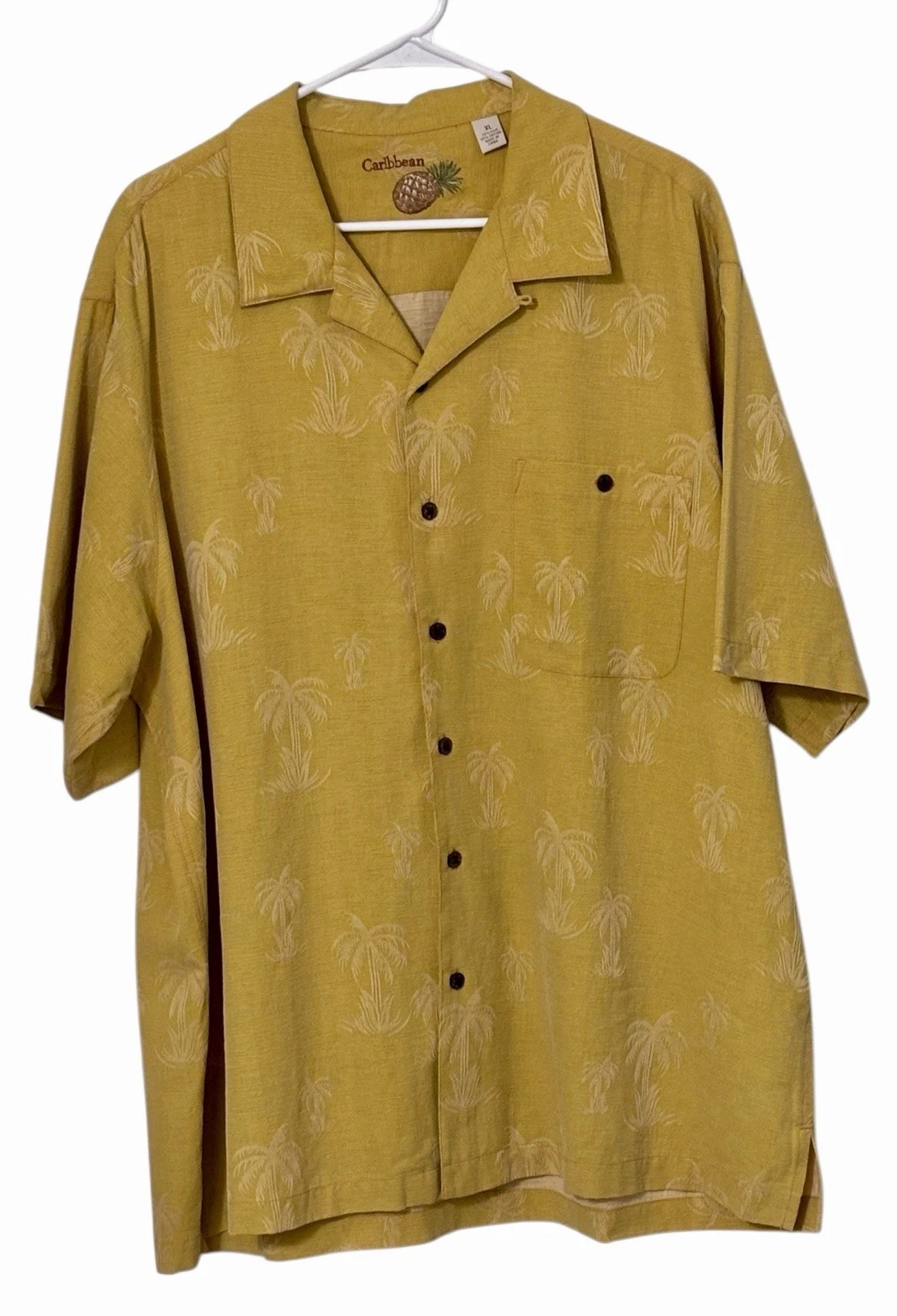 Caribbean 70% Silk 30% Cotton Palm Tree Hawaiian Shirt XL Yellow Island Resort