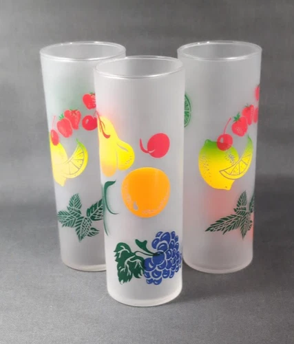 3 Vintage Federal Frosted Fruit Tom Collins / Iced Tea Glasses MCM Barware 1960s