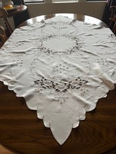Vintage 50" linen Ecru tablecloth with cutwork