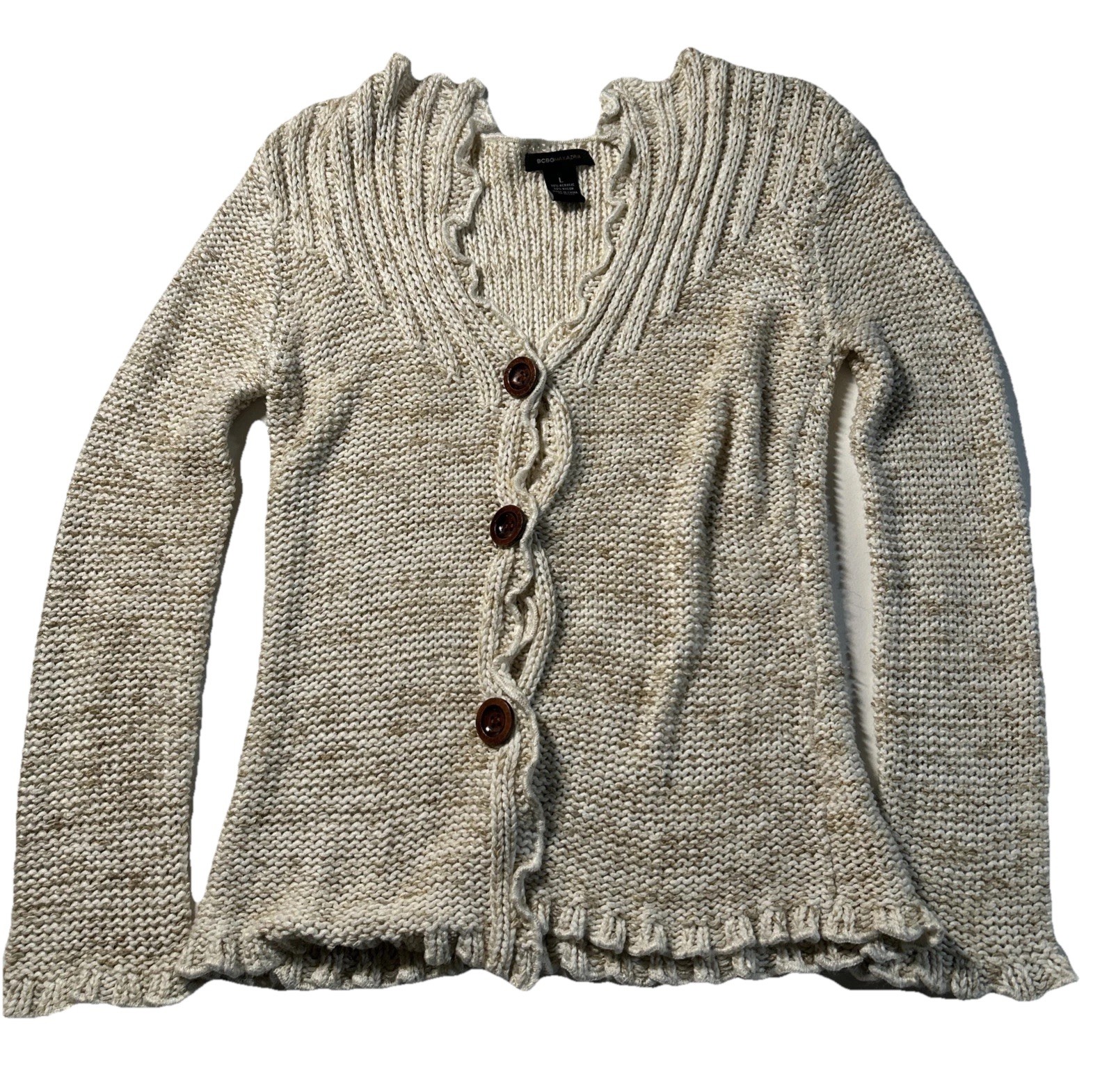 BCBG Max Azria Women’s Size L Long Sleeve Knit Button Up Cardigan Ruffle Hem