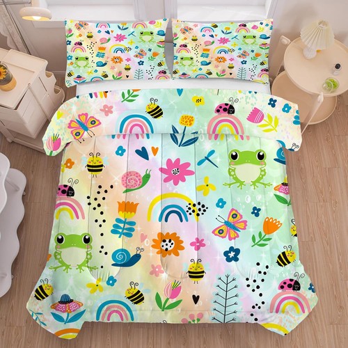 Rainbow Comforter Sets Twin Size Cartoon Floral Frogs Bedding Set for Girls K...
