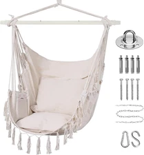 Hammock Chair Swing Boho Hanging Rope with Cushions Indoor Outdoor