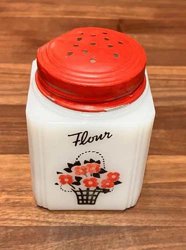 Vintage Tipp Milk glass Spice Shaker Basket Of Flowers Design Flour