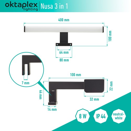 LED Spiegelleuchte 3 in 1 klemmbar Bad Wandleuchte Aufbaulampe IP44 Schminklicht - Bild 4 von 4