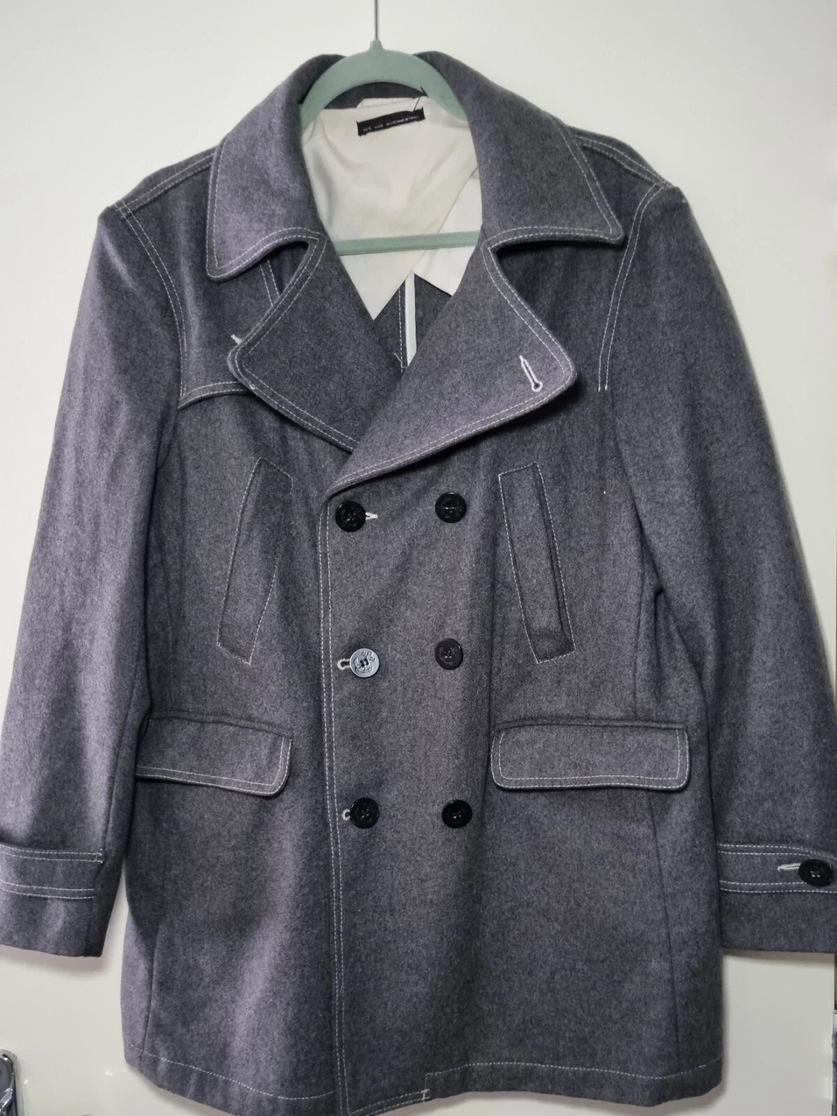 Zara Man Grey Wool Blend Peacoat XL Double Breasted Coat Jacket – Lining Damage