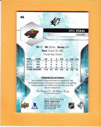 ERIC STAAL 2019-20 SPX AUTOGRAPH #46 MINNESOTA WILD NM-MT A2 - Picture 2 of 2