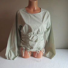 Sans Souci Cotton Crew Neck Ruched Crop Top Shirt Blouse Green L NWT