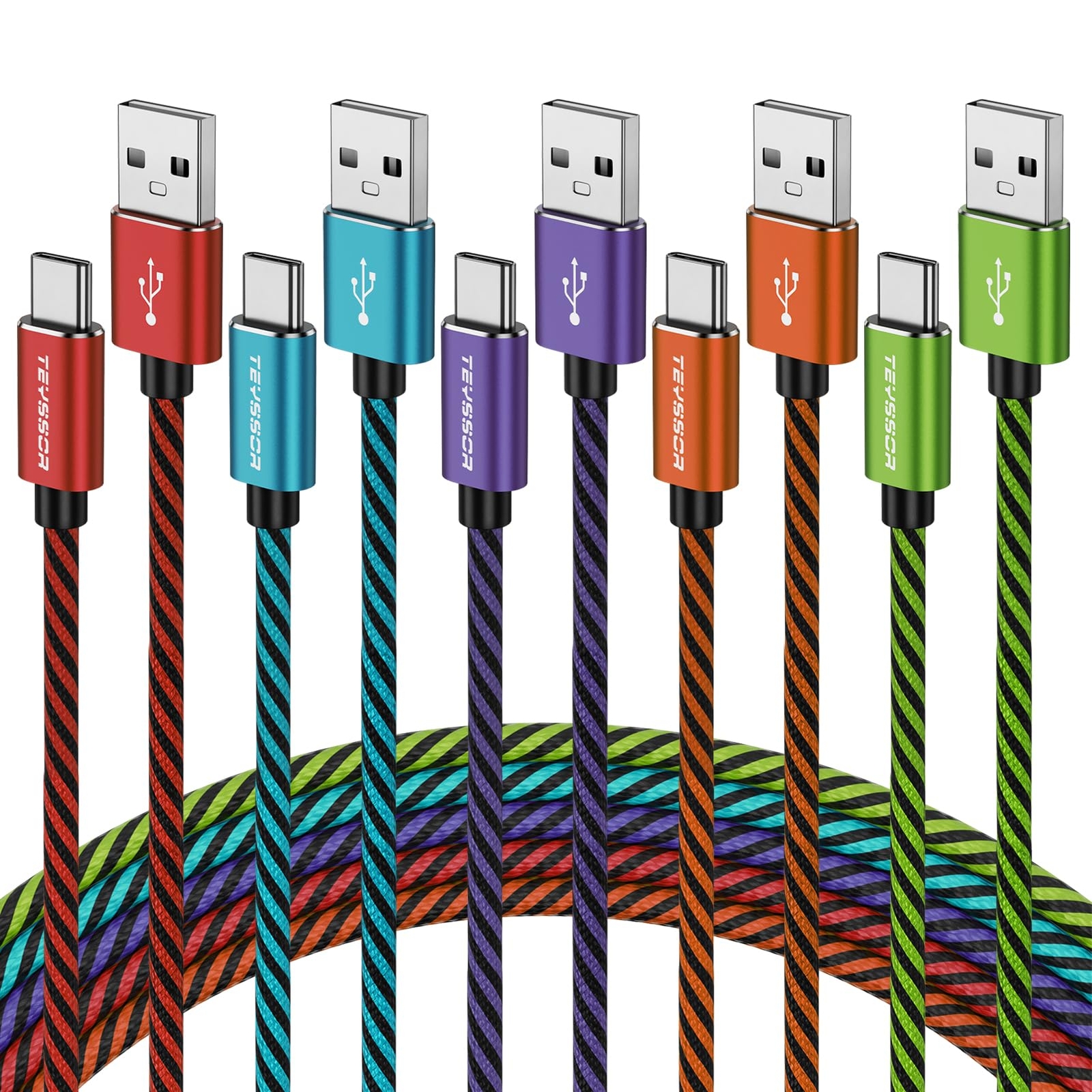 10FT USB C Cable 5-Pack Nylon Braided Fast Charging USB A to Type C