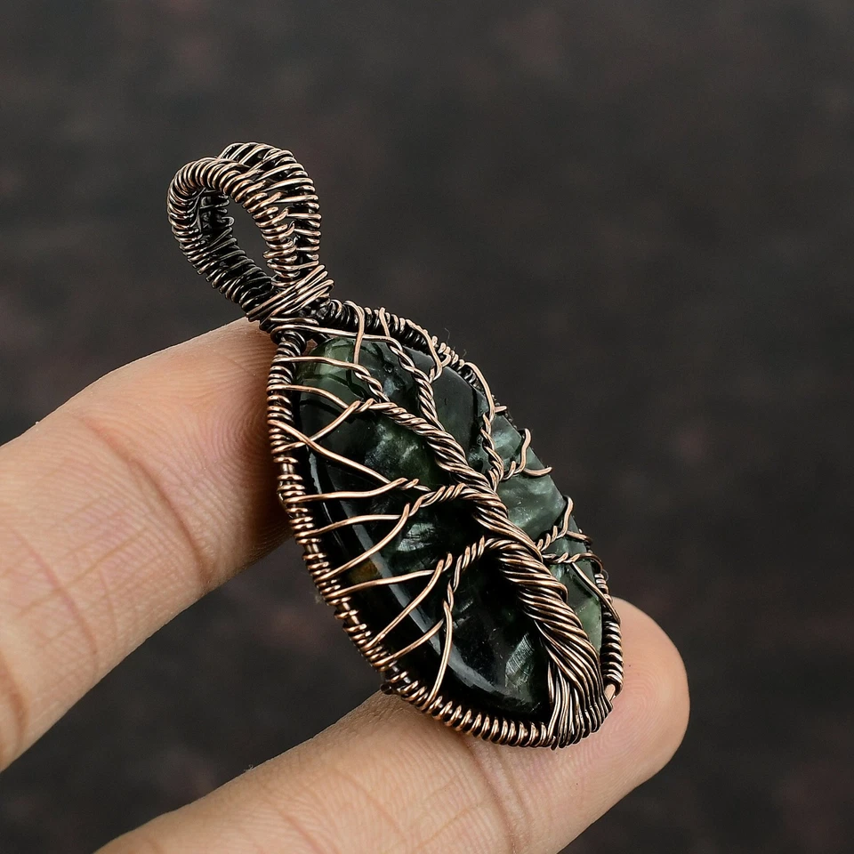 Colgante Árbol de la Vida envuelto en alambre de cobre joyería de serafinita para mujer 2,17" Foto 4 de 4