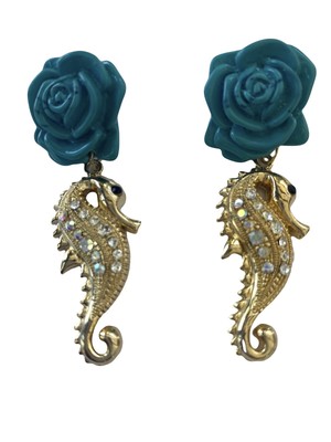 Rose Turquoise Seahorse Mermaid Crystal Rhinestone Whimsical Long Trend Earring