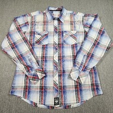 ROCK 47 Mens XL Western Plaid Pearl Snap Embroidered Long Sleeve Flap Pockets