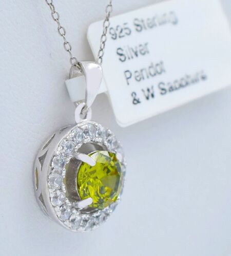 LAB CREATED 1.32 Ct PERIDOT & WHITE SAPPHIRE PENDANT NECKLACE .925 SILVER - NWT - Picture 2 of 4