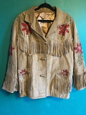 Vintage South Western Embroidered Long Fringe Leather Jacket Satin Lined