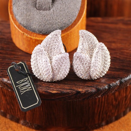 B'JOVX Pavé Diamond Leaf Statement Omega Back Earrings Sterling Silver 1 1/16"