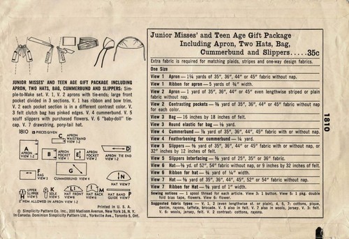 CAP Hat Apron SLIPPER Clutch CUMMERBUND Simplicity 1810 VTG 1966 Craft Pattern - Picture 5 of 5