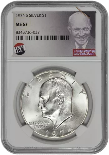 1974 S $1 Silver Ike Dollar NGC MS 67 with Exclusive Label and New Holder