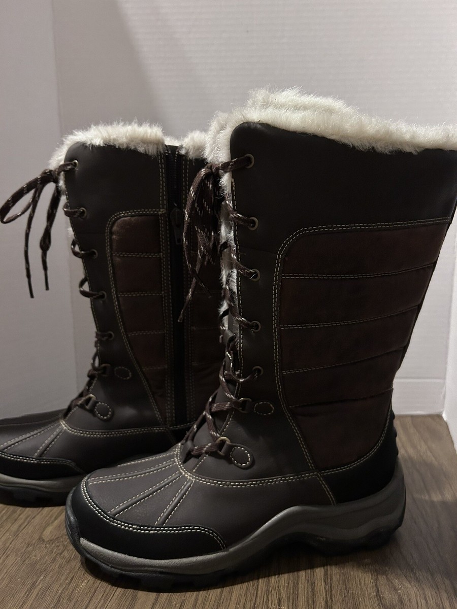 Clarks Zip Snow Boots Soft Cushion Women Size Brown Cream Furry Lined  Appr 12”