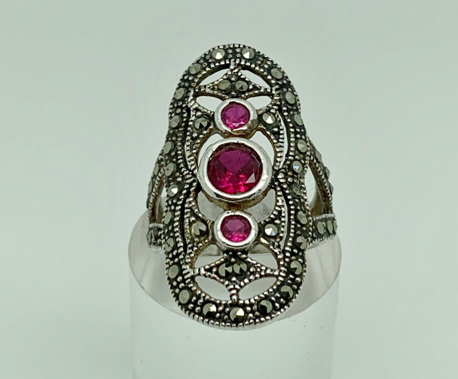 Sterling Silver Lab Created Ruby & Marcasite Deco… - image 1
