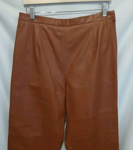Terry Lewis Leather Pants Women Sz 14 Tan Brown Straight Leg Side Zip - Picture 2 of 14