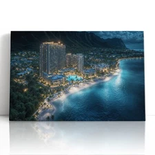 Luxury Resort Coast Canvas Print Wall Art Print – Night Beach Cityscape Decor