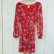 Needle & Thread Midi Dress Side Small Red Floral Belted Long Sleeve
