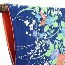 Recycled Silk Komon Kimono Navy Floral Lined Women's M 157cm 