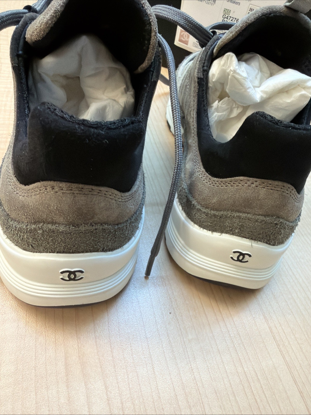 Chanel 36 Size 6 Suede Calfskin Sneaker White Dark Grey W image 5