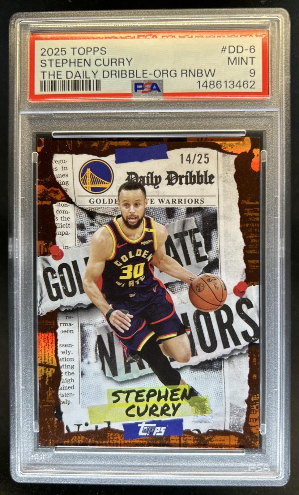 2025-26 Topps Stephen Curry The Daily Dribble Orange Rainbow #/25 Warriors PSA 9