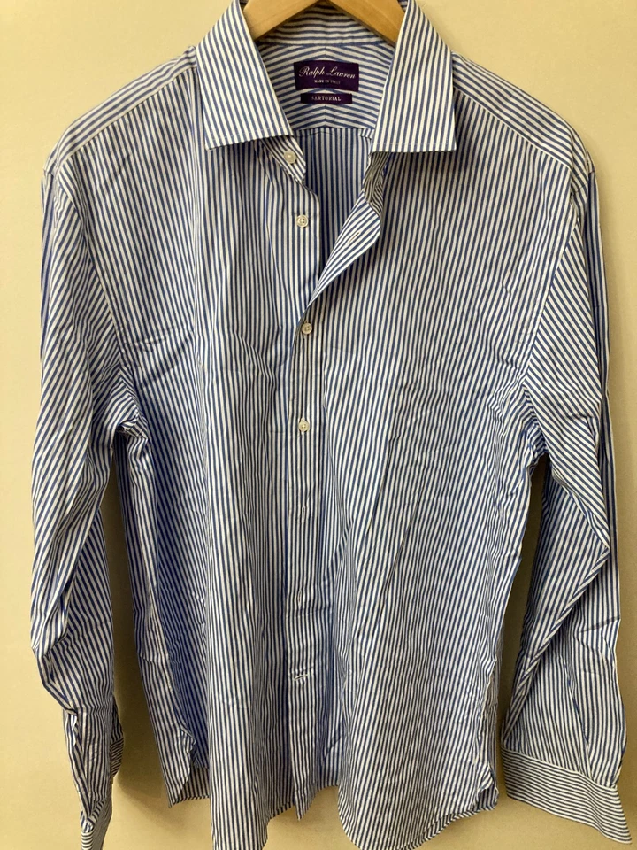 Camisa de vestir sartorial azul/blanco a rayas 17/43 ralph lauren purple label en muy buen estado Foto 2 de 4