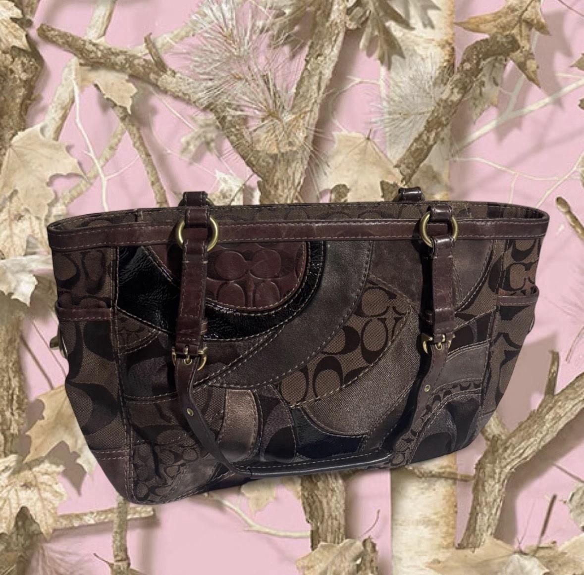 Coach Patchwork Brown Shoulder Bag with Logo Acce… - image 1