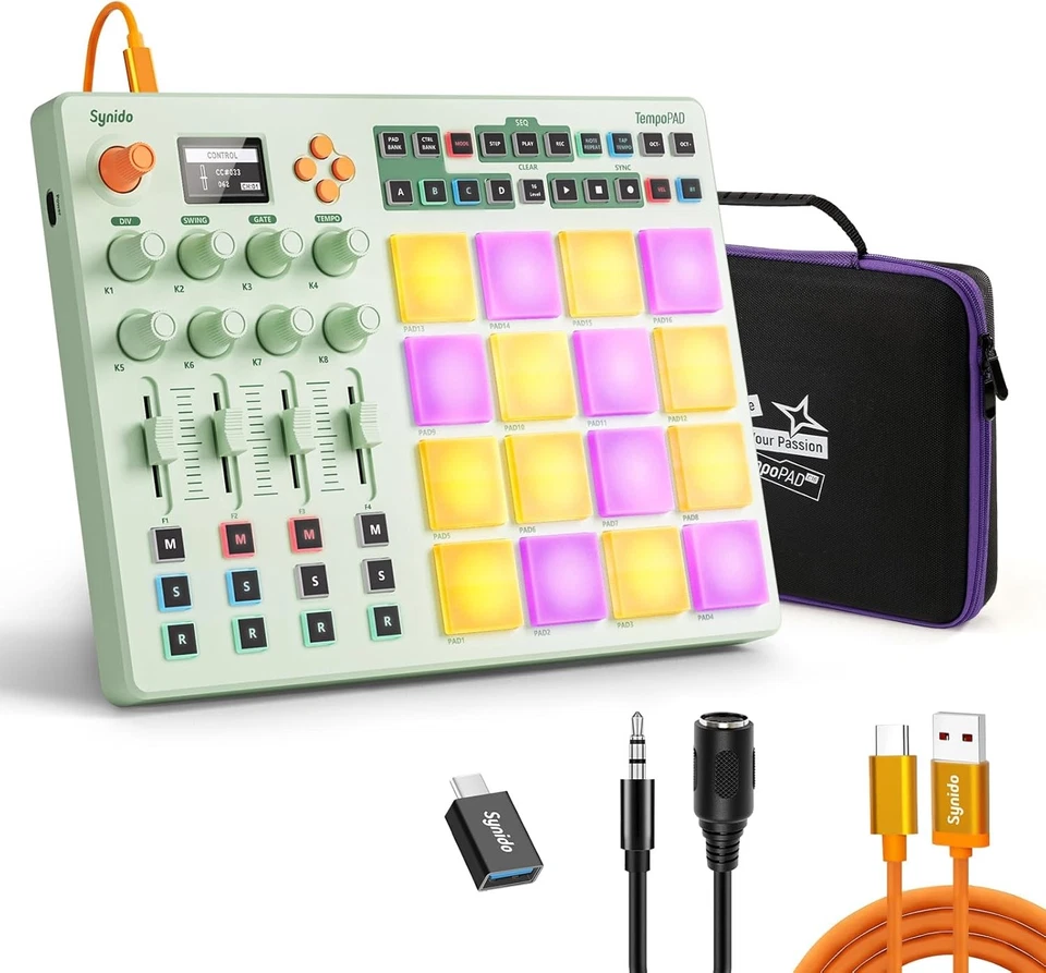 Synido Midi Pad Controller, Wiederaufladbare Beat Maker Maschine mit 16 RGB Beat Pad