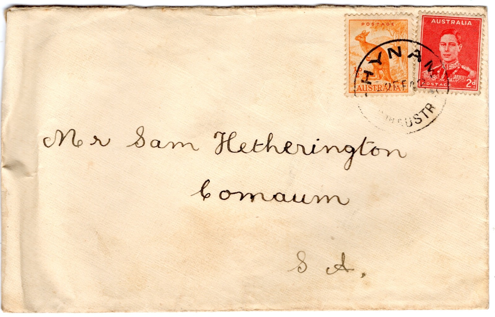 1942 Feb 2nd. Cover. Hynam to Comaum, SA.