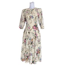 Vintage 80s Cream Pink Drop Waist Floral Dress Sz XS Tea Length USA Made