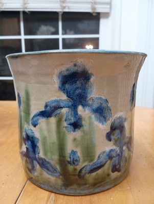 Iris Cache Pot/Crock/ Planter Hand Made Artist Signed Janet Resnik