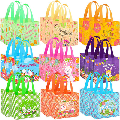 18Pack Easter Egg Hunt Bags, 8.3×7.9×6 Inch Easter Bags with Handles,Bunny&Chick