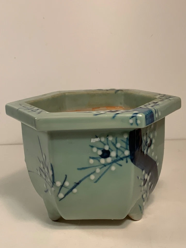 Antigua maceta bonsái Celadon verde cerámica pintada a mano flores de cerezo 7" Foto 3 de 4