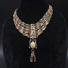 Egyptian Revival Red Coral Faience Scarab Necklace Beaded Blue Cream 1930s