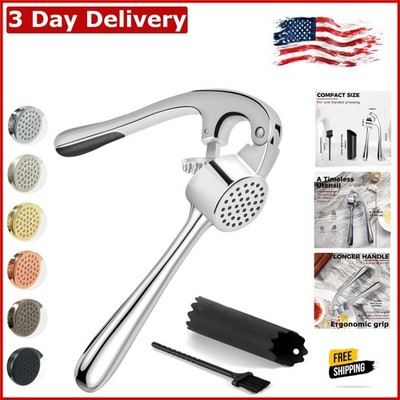 Heavy-Duty Garlic Press Set with Silicone Peeler & Brush   Chrome Silver