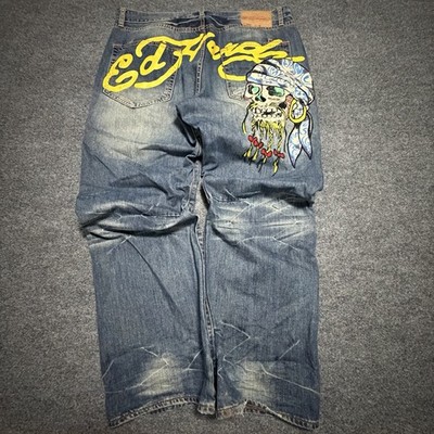 Ed Hardy Jeans Mens 40x33 Blue Embroidered Pirate Skull Graphic