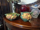 Roseville USA Creamer 3" & Sugar 2.5" Tall Green Pink Clematis Vintage/Rare Find