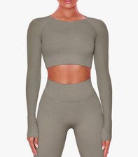 Women's 2 Piece Yoga Outfit Seamless Ribbed Matching Gym Clothes Workout Set, M