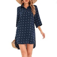 Summer Shirt Dress Womens S Blue Swiss Dot Beach Swimsuit Cover Coastal Nautical